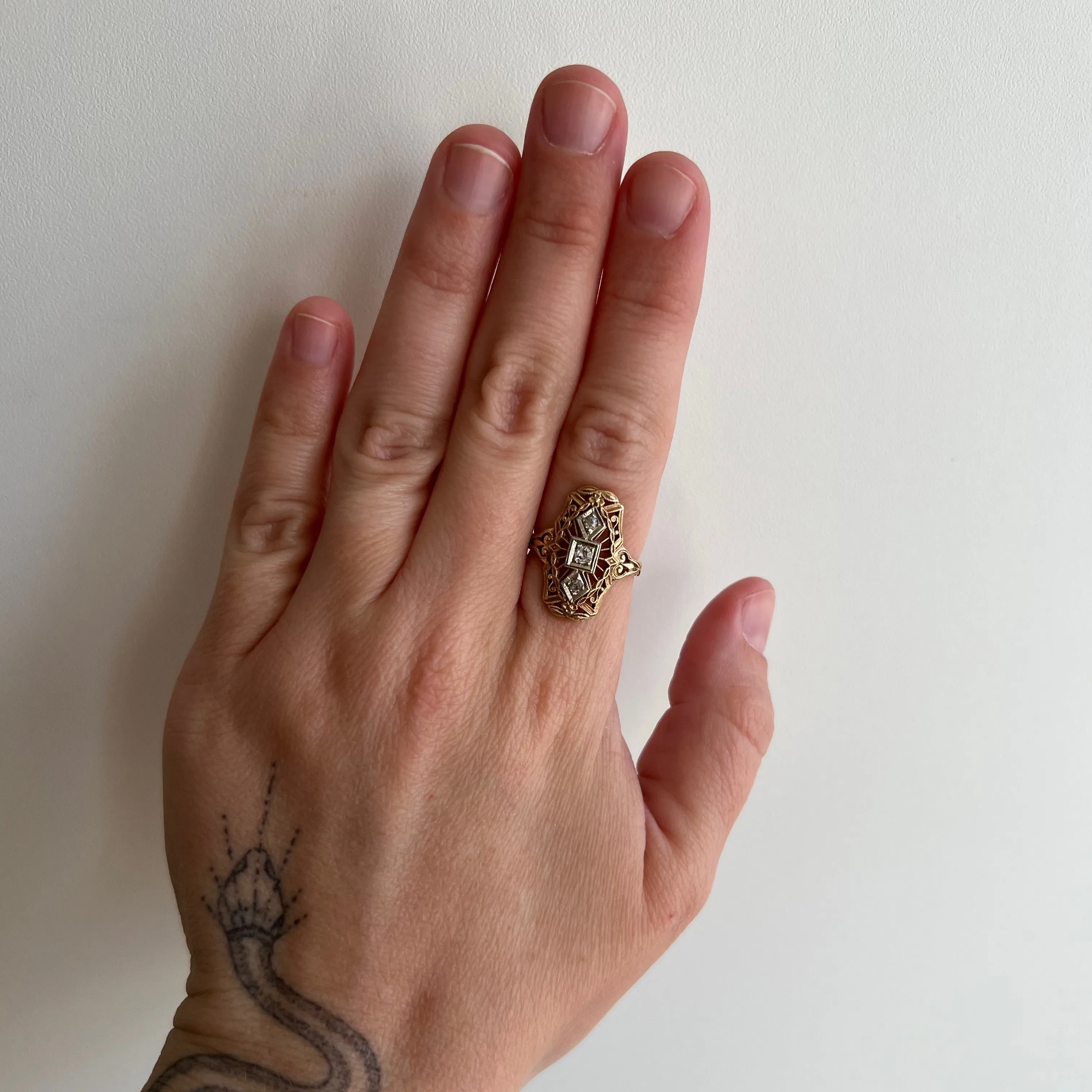 V I N T A G E // sparkle armor / 14k and diamond filigree shield ring / size 5.5