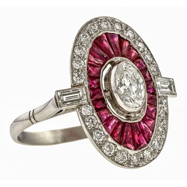 Vintage Diamond & Ruby Target Ring, Oval 0.50ct.