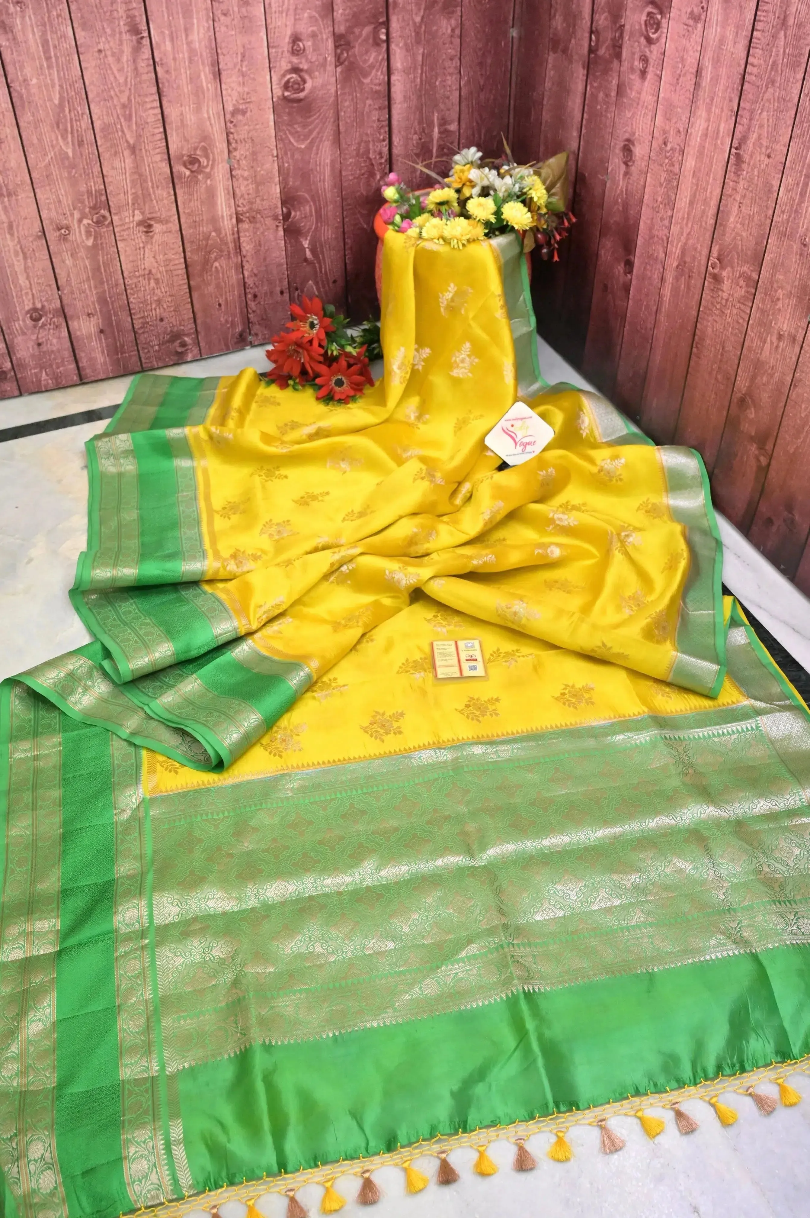 Yellow and Green Color Pure mango Silk Banarasi Saree with Meenakari Butta Work