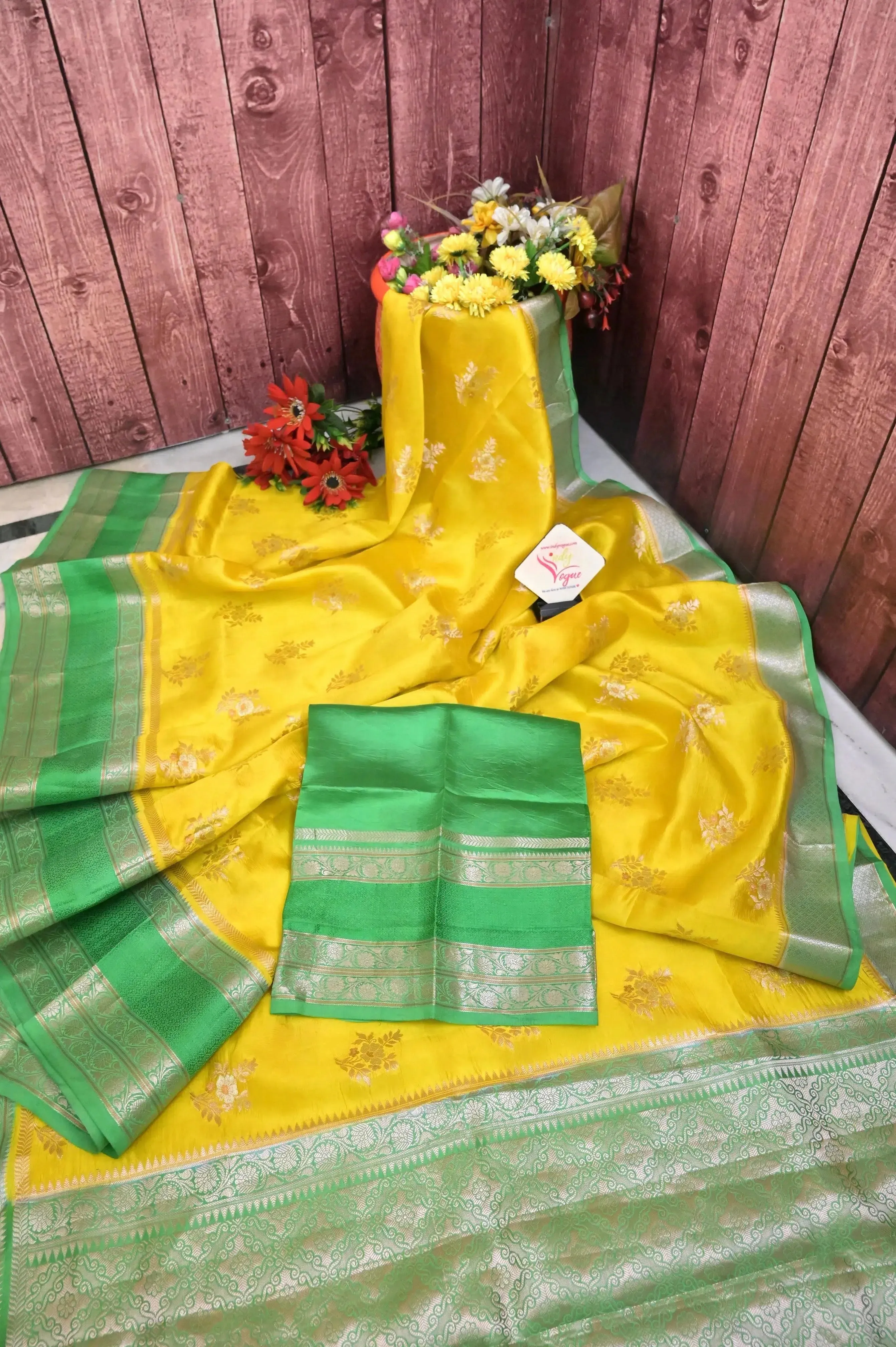 Yellow and Green Color Pure mango Silk Banarasi Saree with Meenakari Butta Work