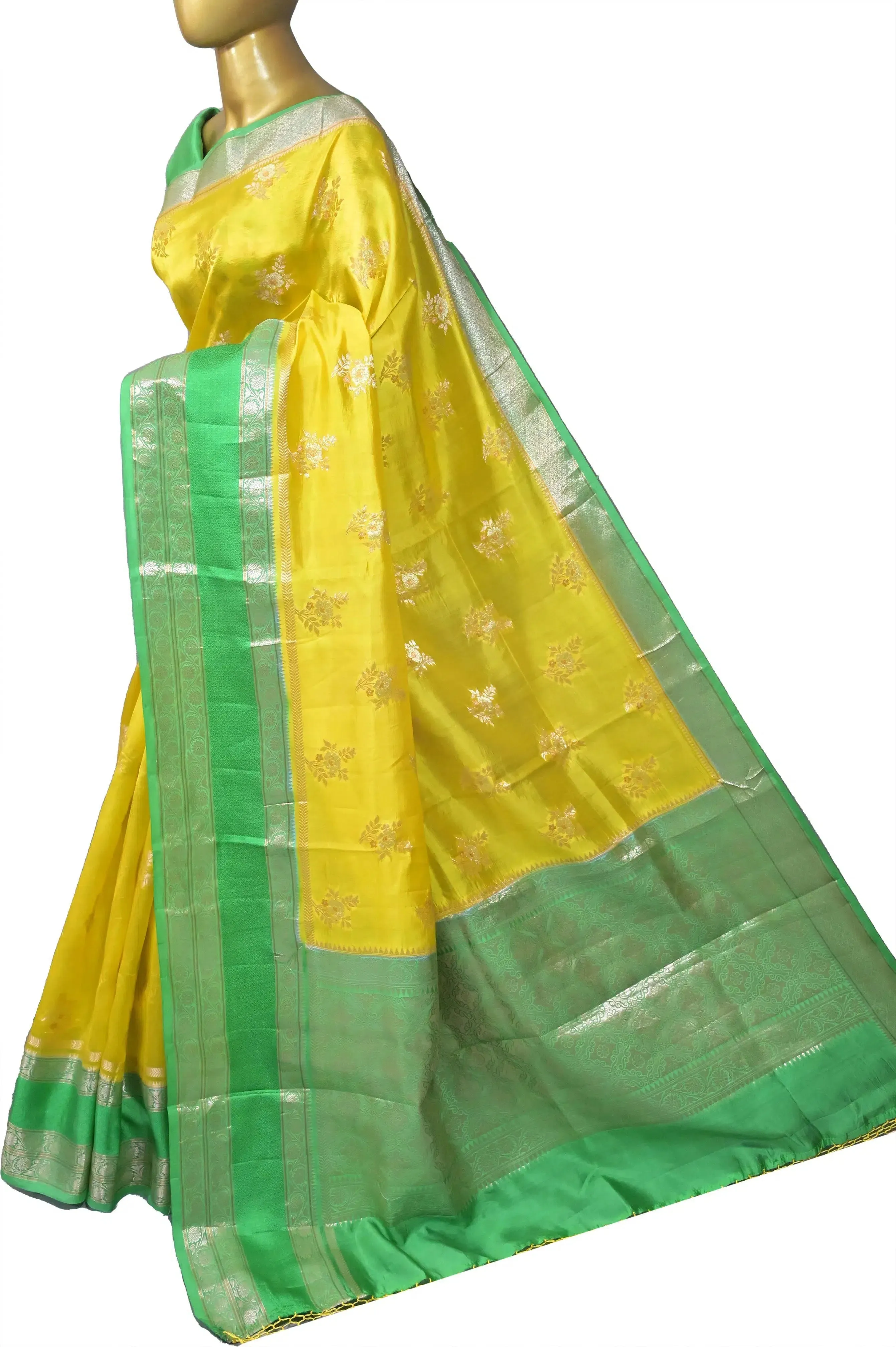 Yellow and Green Color Pure mango Silk Banarasi Saree with Meenakari Butta Work